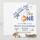 Fisherman / fishing boy 1st birthday invitation. kaart (Voorkant / Achterkant)