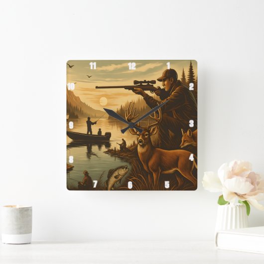 Fisherman Hunter Wildlife Sunset Vierkante Klok (Huis)