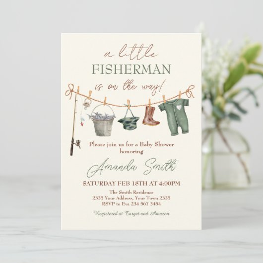 Fishing Reel Excited Boy Baby Shower Invitation (Debout devant)