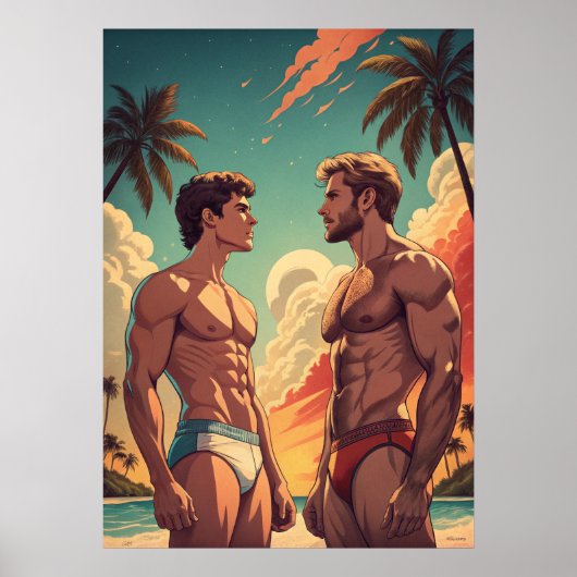 Fit jongens op het strand poster (Voorkant)