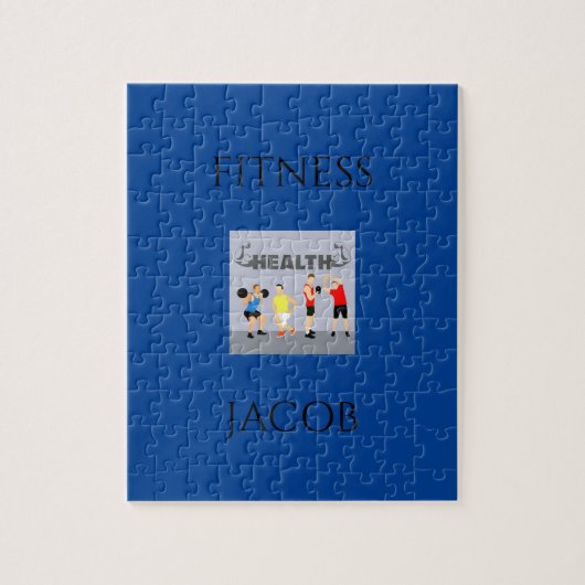 Fitnesspuzzel in blauw met aangepaste naam. legpuzzel (Verticaal)