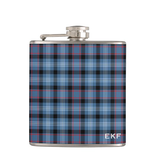 Fitzgerald Tartan Monogram Blauw en Zwart Plaid Heupfles (Voorkant)