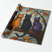 Five Cats on a Tree Branch Stained Glass Style Cadeaupapier (Uitgerold)
