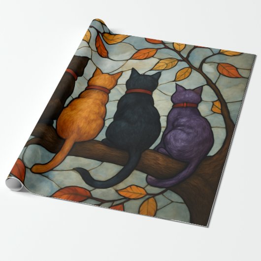 Five Cats on a Tree Branch Stained Glass Style Cadeaupapier (Uitgerold)