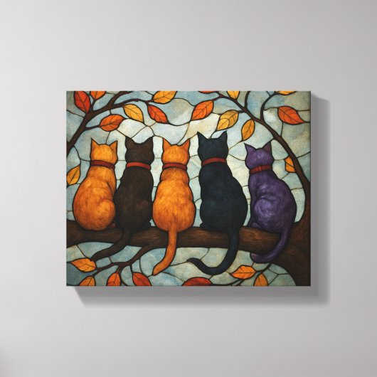 Five Cats on a Tree Branch Stained Glass Style Canvas Afdruk (Voorkant)