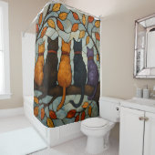 Five Cats on a Tree Branch Stained Glass Style Douchegordijn (In situ)