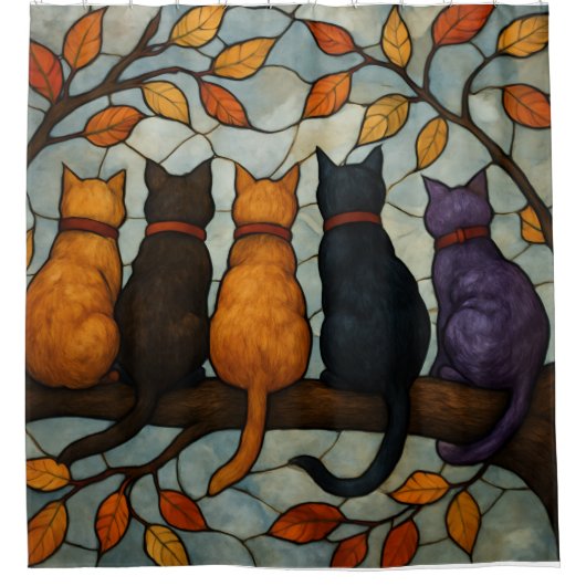 Five Cats on a Tree Branch Stained Glass Style Douchegordijn (Voorkant)