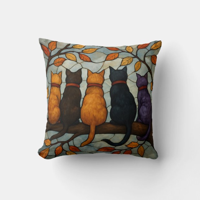 Five Cats on a Tree Branch Stained Glass Style Kussen (Voorkant)