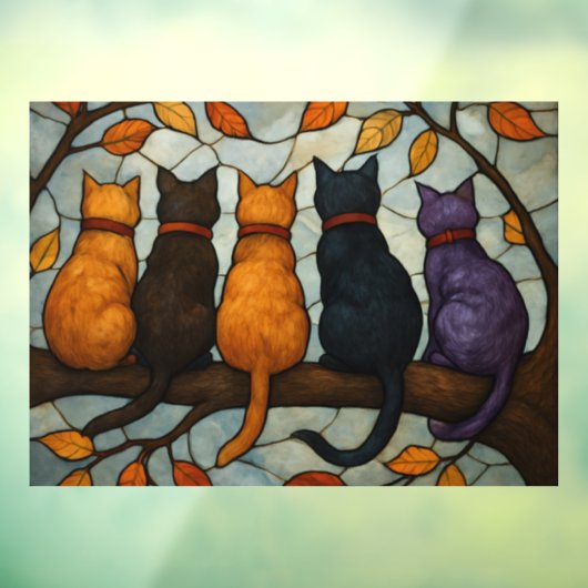 Five Cats on a Tree Branch Stained Glass Style Raamsticker (Vel 3)