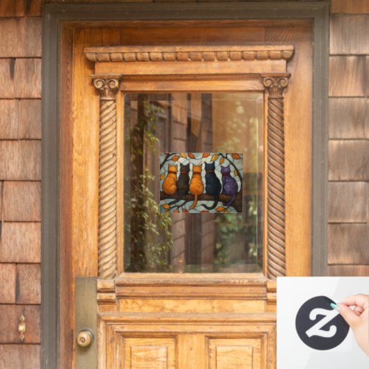 Five Cats on a Tree Branch Stained Glass Style Raamsticker (Huis Deur)
