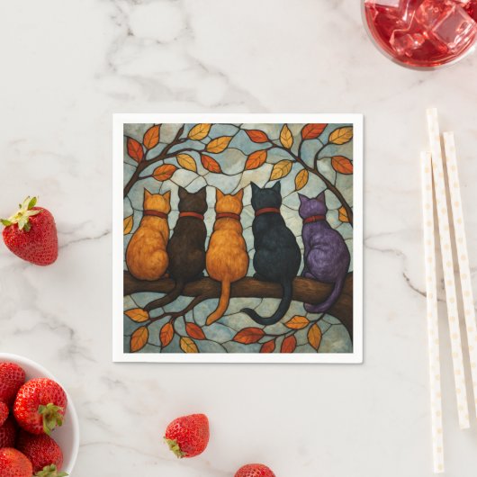 Five Cats on a Tree Branch Stained Glass Style Servet (Insitu)