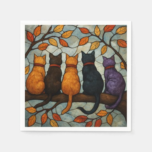 Five Cats on a Tree Branch Stained Glass Style Servet (Voorkant)
