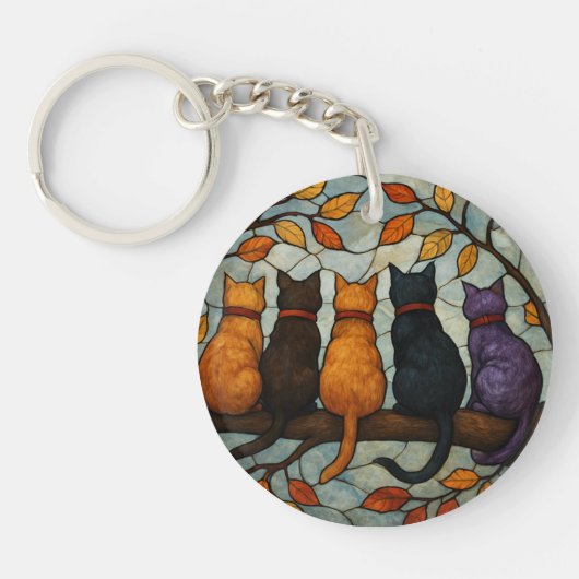 Five Cats on a Tree Branch Stained Glass Style Sleutelhanger (Voorkant)