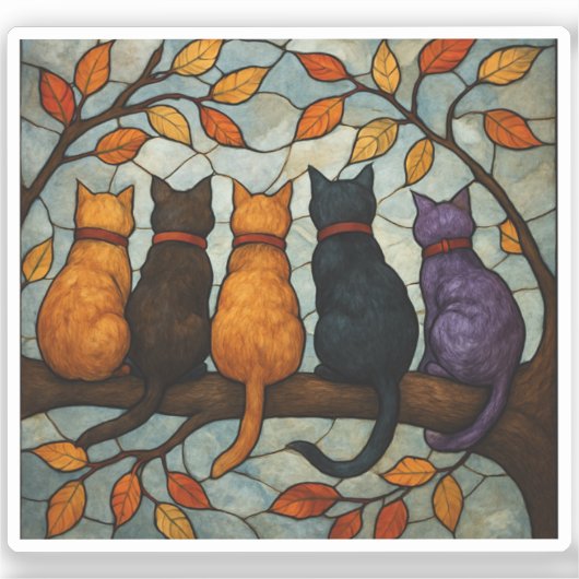 Five Cats on a Tree Branch Stained Glass Style Sticker (Voorkant)