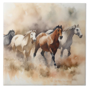 “Five Galloping Mustangs” Stof western aquarel Tegeltje