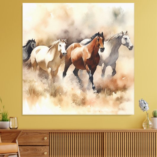 “Five Galloping Mustangs” Stof western waterverfsc Canvas Afdruk (Insitu (Woonkamer))