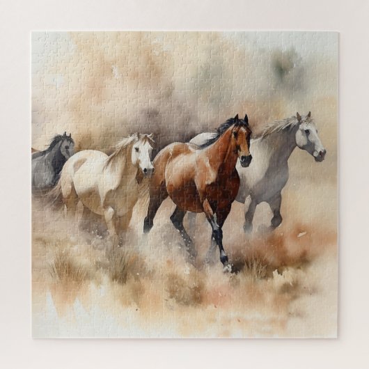 “Five Galloping Mustangs” Stof Westerse Aquarel Legpuzzel (Verticaal)