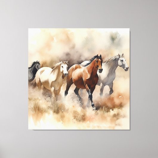 "Five Galloping Mustangs" Stoffige Westerne Waterc Canvas Afdruk (Voorkant)