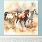 "Five Galloping Mustangs" Stoffige Westerne Waterc Canvas Afdruk (Insitu (Houten vloer))