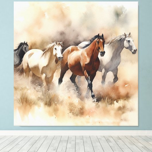 "Five Galloping Mustangs" Stoffige Westerne Waterc Canvas Afdruk (Insitu (Houten vloer))