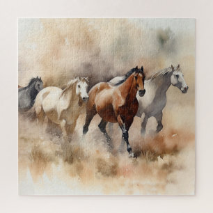 "Five Galloping Mustangs" Stoffige Westerne Waterc Legpuzzel