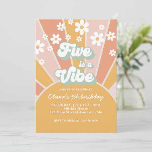 Five is a Vibe Retro Sunshine boho bloemendesign Kaart (Staand voorkant)