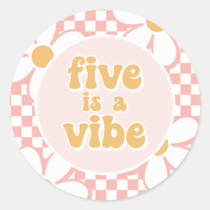 Five is a Vibe Roze Madeliefjes Checker Ronde Sticker