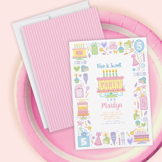 Five Is Sweet Pink 5th Birthday Invitation