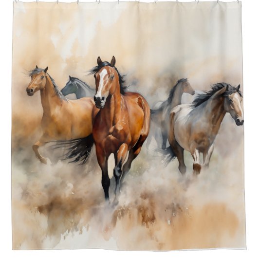 “Five Wild Mustangs” Stof Westers Waterverf Douchegordijn (Voorkant)