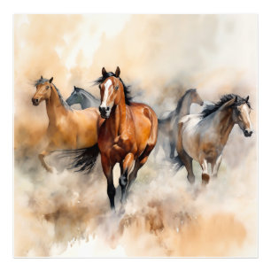 “Five Wild Mustangs” Stof Westers Waterverf Foto Afdruk