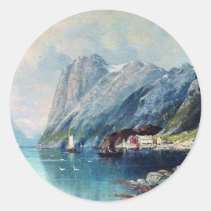 Fjord in Noorwegen, schilderij van Lev Lagorio Ronde Sticker