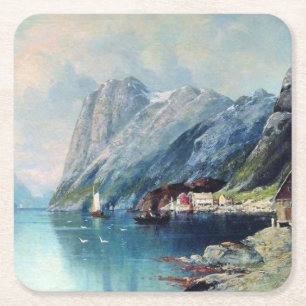 Fjord in Noorwegen, schilderij van Lev Lagorio Vierkante Kartonnen Onderzetter
