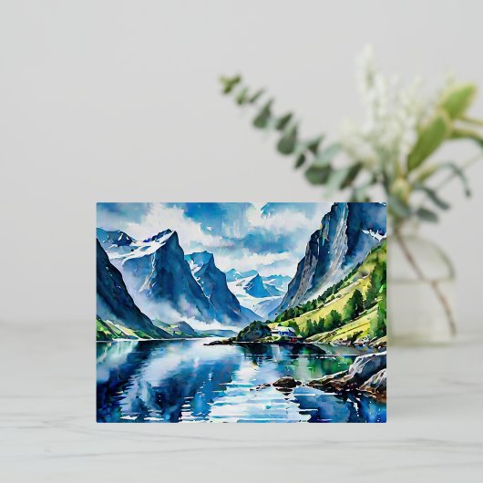 Fjord landschap waterverf schilderij folie feestdagen briefkaart (Staand Voorkant)