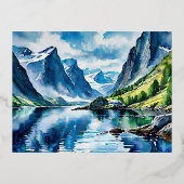 Fjord landschap waterverf schilderij folie feestdagen briefkaart (Voorkant)