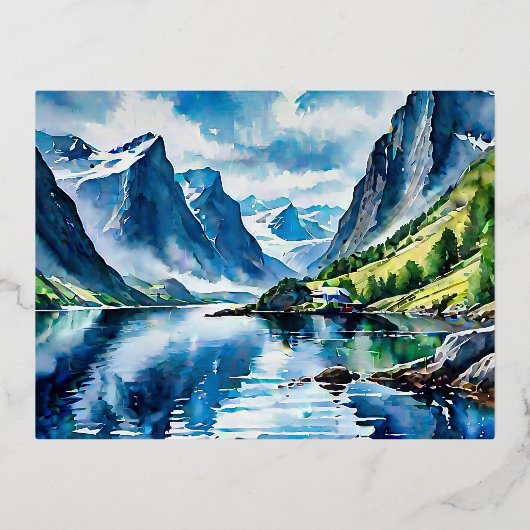 Fjord landschap waterverf schilderij folie feestdagen briefkaart (Voorkant)