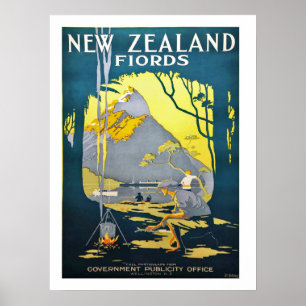 Fjords de Nouvelle-Zélande, affiche de voyage vint