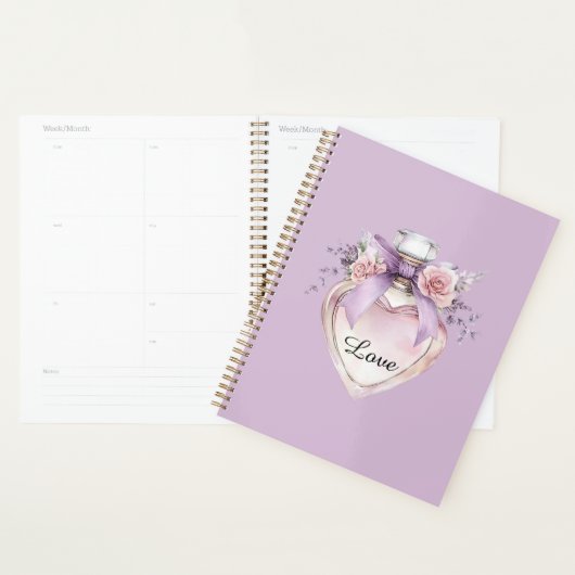 Flacon de parfum violet ruban fleurs roses (Devant avec enveloppe)