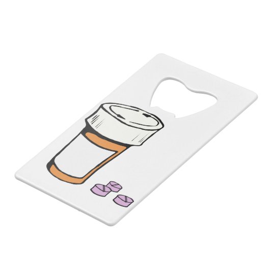 Flacon met voorschrijfpil kredietkaart flessenopener (Achterkant Gekanteld)