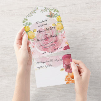 Fladderende Romance: Waterverf Roos & Vlinder Woon All In One Uitnodiging