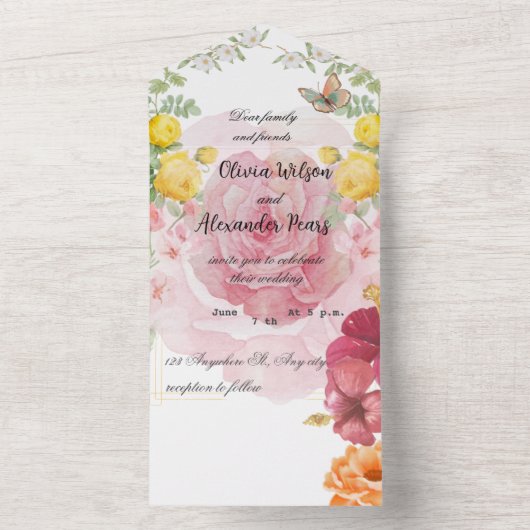 Fladderende romantiek: waterverf roos & vlinder on all in one uitnodiging (Binnen)