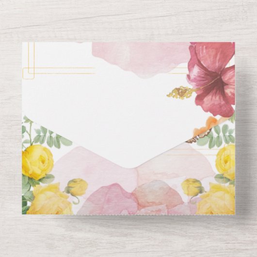 Fladderende romantiek: waterverf roos & vlinder on all in one uitnodiging (Achterkant)