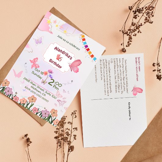 Fladderende vlinder thema 6e verjaardagsuitnodigin briefkaart