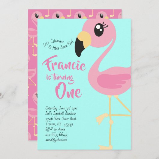 Flamant rose 1er Anniversaire Cute Invitations (Devant / Derrière)