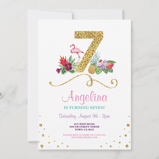 Flamant rose Aloha 7e Sept Anniversaire Invitation (Devant)