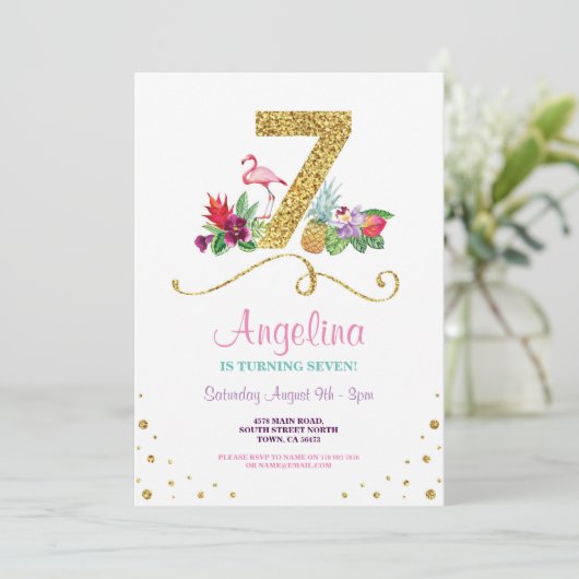 Flamant rose Aloha 7e Sept Anniversaire Invitation (Debout devant)