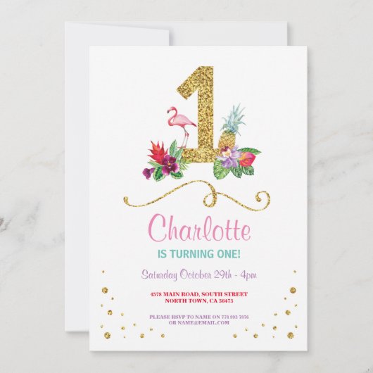 Flamant rose Aloha un premier invitation de fête (Devant)