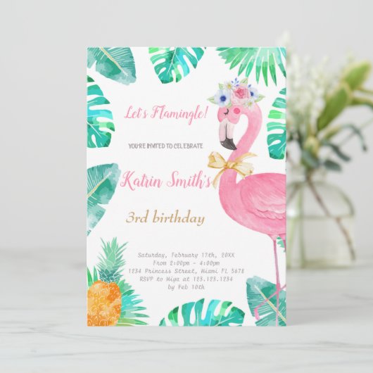 Flamant rose anniversaire Invitation (Debout devant)