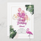 Flamant rose Anniversaire Invitation de fête, 18e  (Devant / Derrière)