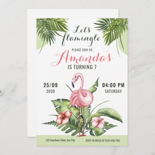 Flamant rose Anniversaire Invitation Flamingle (Devant / Derrière)