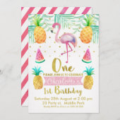 Flamant rose aquarelle 1er invitation anniversaire (Devant / Derrière)